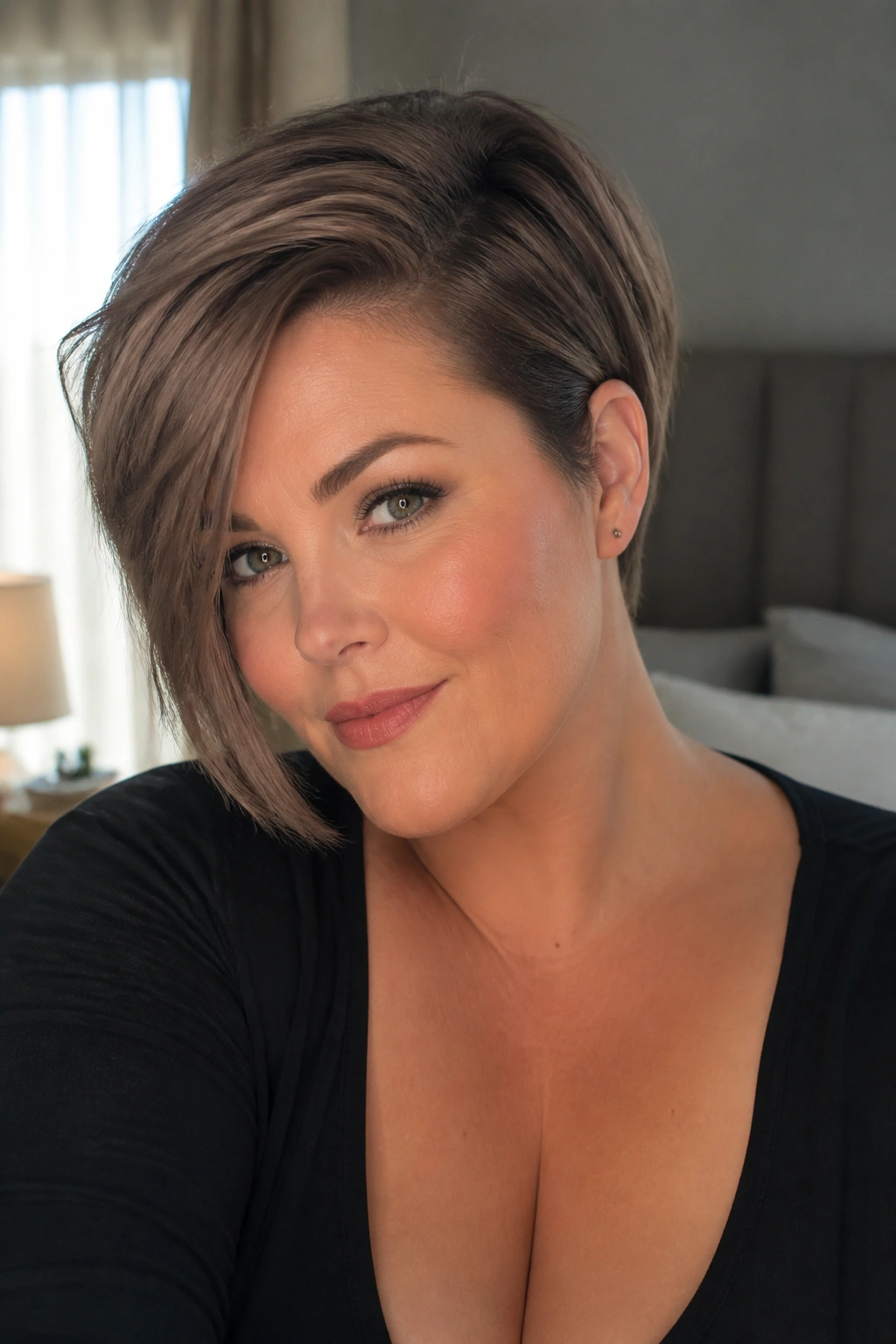 Close-up of a real woman with Side-Swept Pixie-Bob Ear Tuck