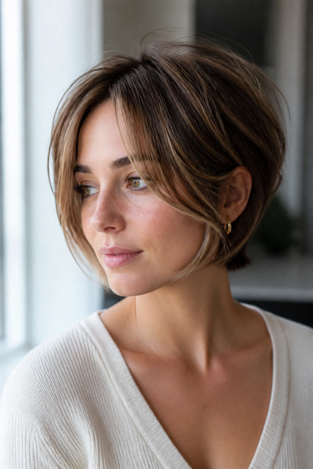 Real woman with face framing layers on a pixie bob