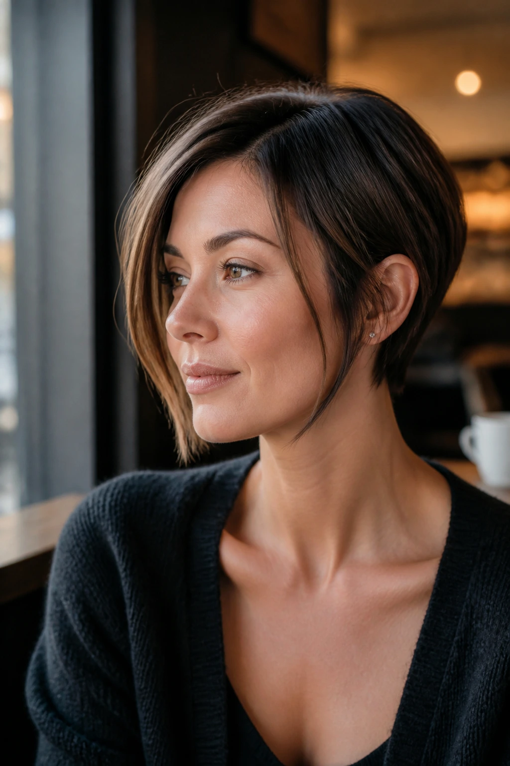 Close-up of a real person with face-framing elongated pixie bob in cafe window light