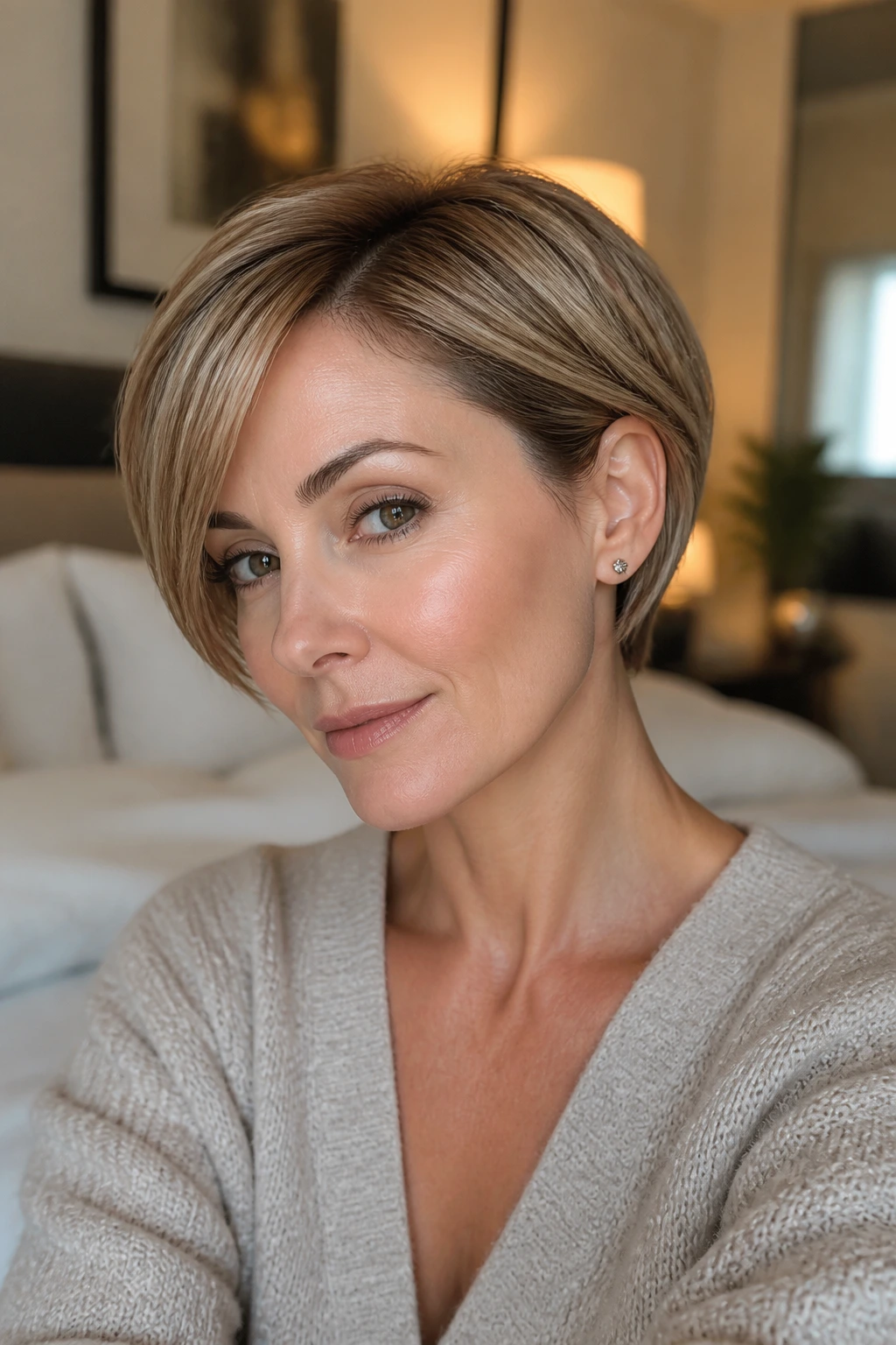 Close-up portrait of a real woman with an ear-tucked pixie bob highlighting the jawline