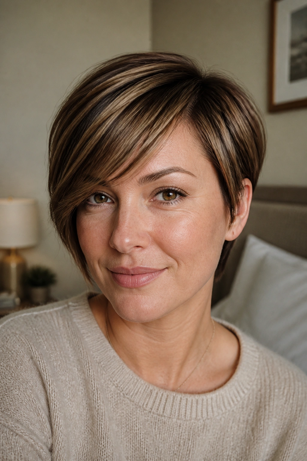 Side-swept fringe pixie bob on real woman with diagonal fringe