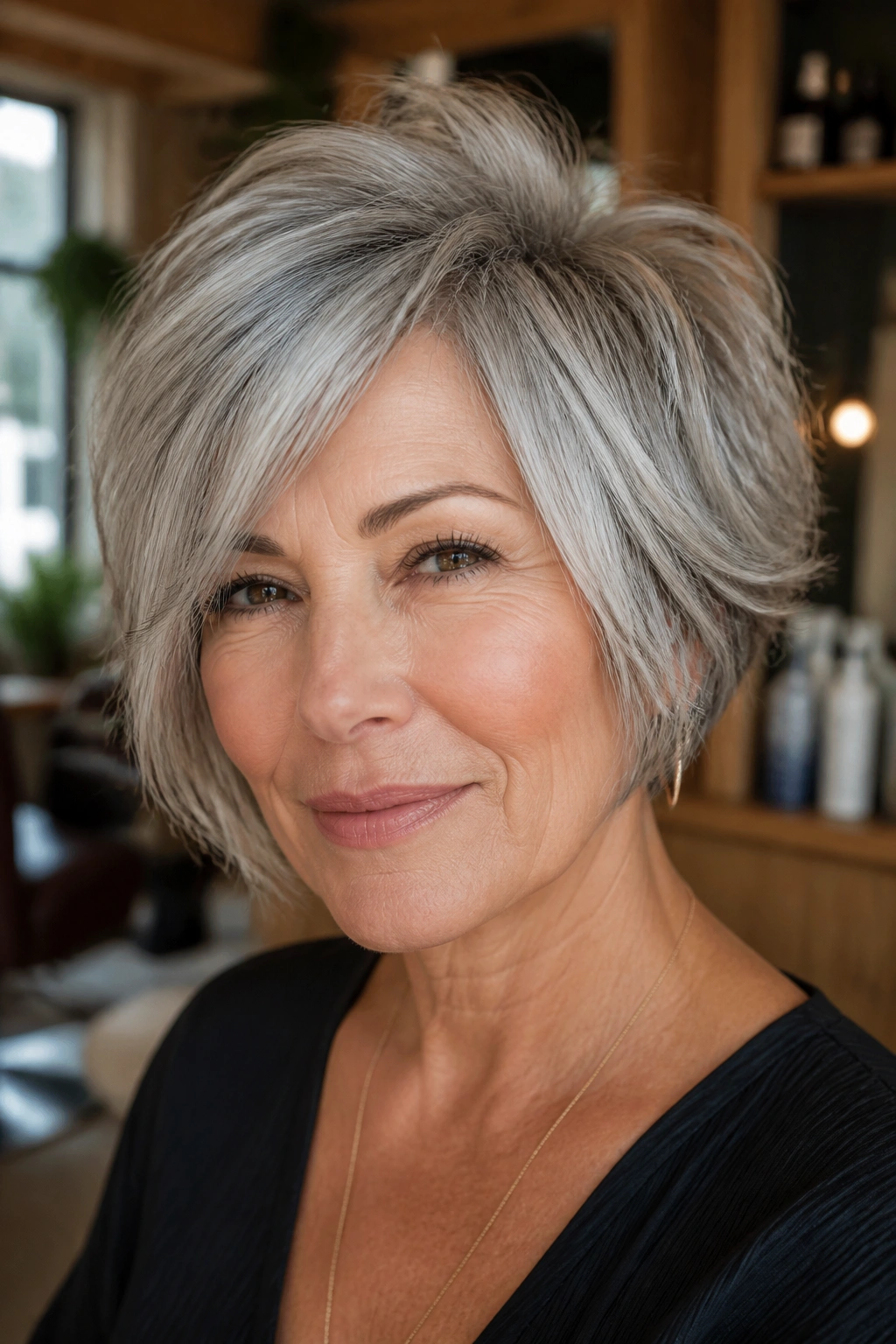 Close-up of a real woman with long pixie-bob showing crown lift and face-framing length under warm salon light
