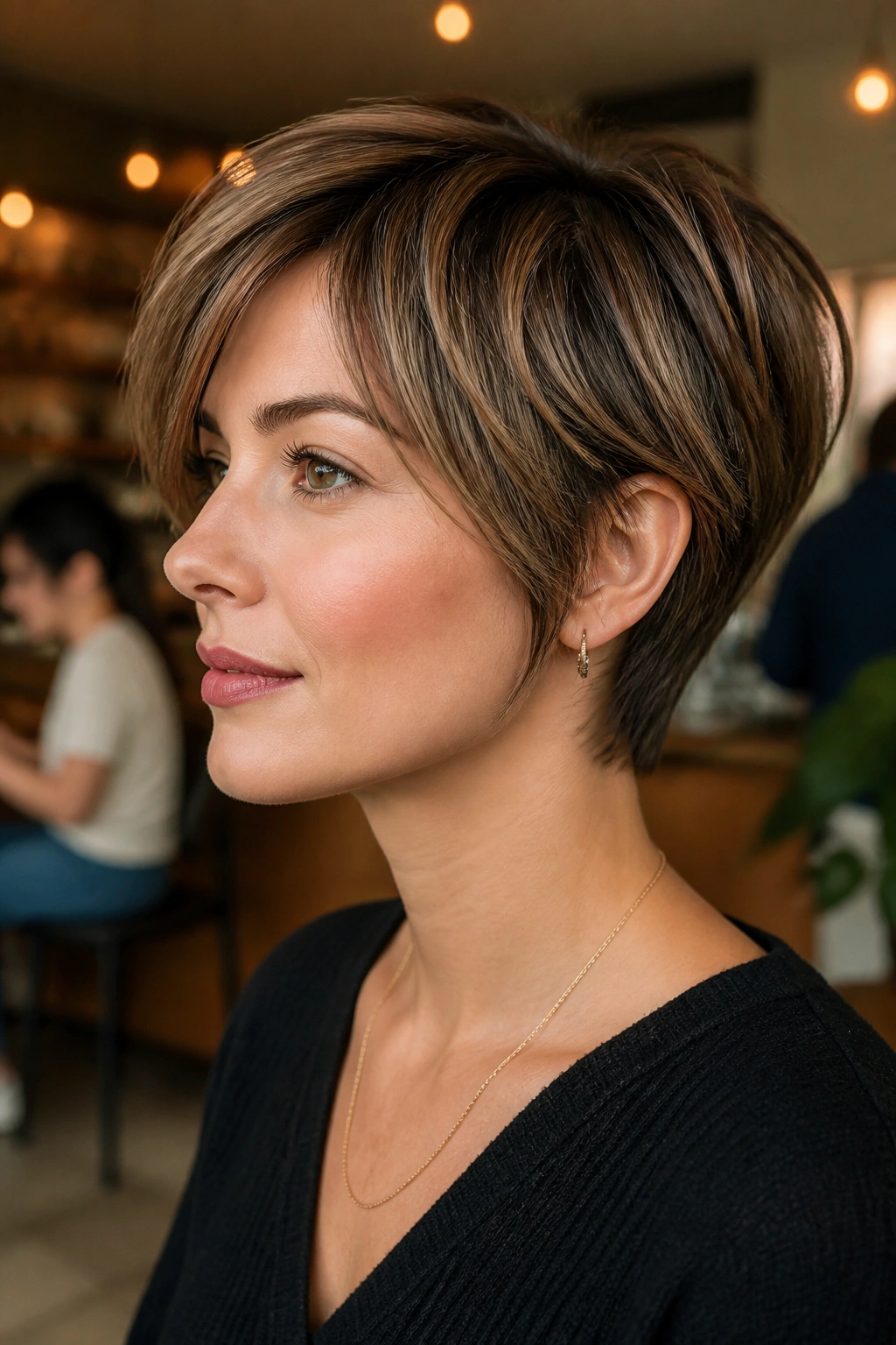 Portrait of a real woman with pixie-bob silhouette and slower grow-out