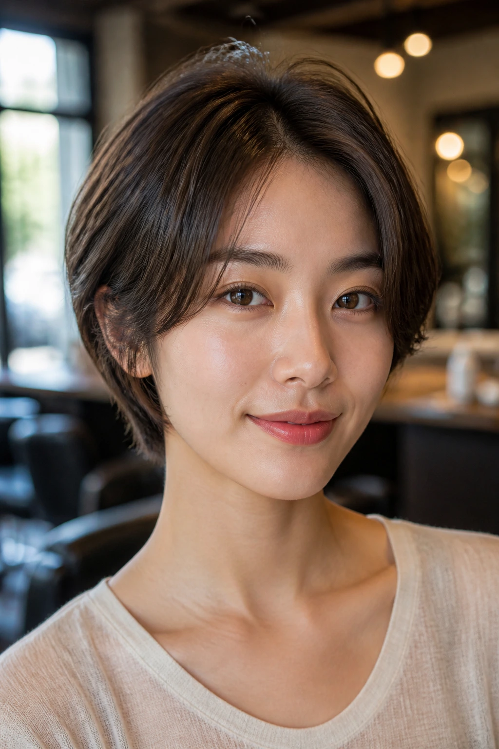 Close-up portrait of a real woman with grown-out pixie bob and soft ends in natural salon light