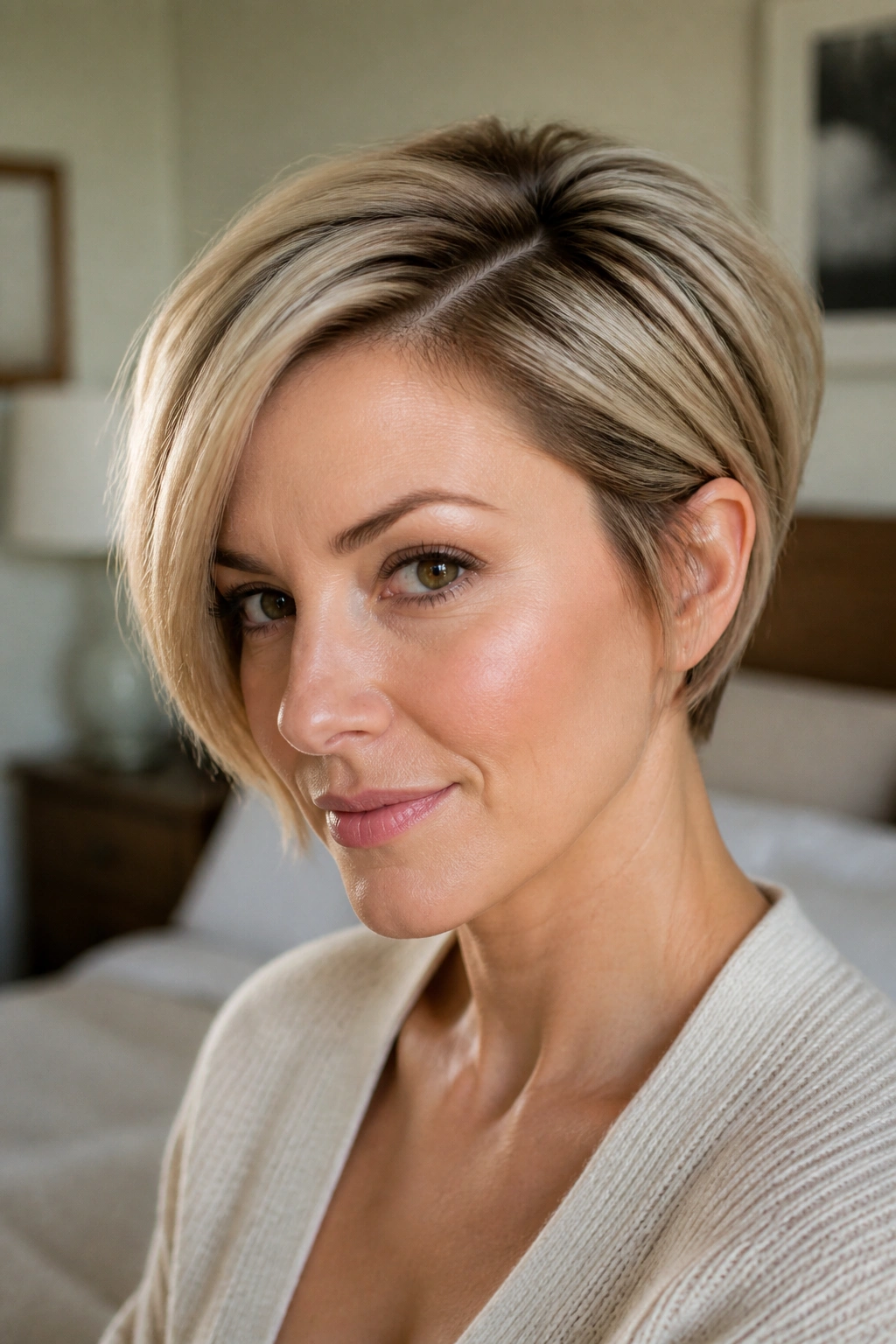 Side-Parted Tapered Pixie Bob on real woman with off-center part and cheekbone-grazing length in warm bedroom light