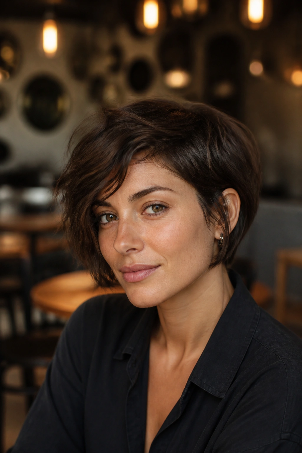 Portrait of a woman with an overgrown pixie bob hybrid in a cafe