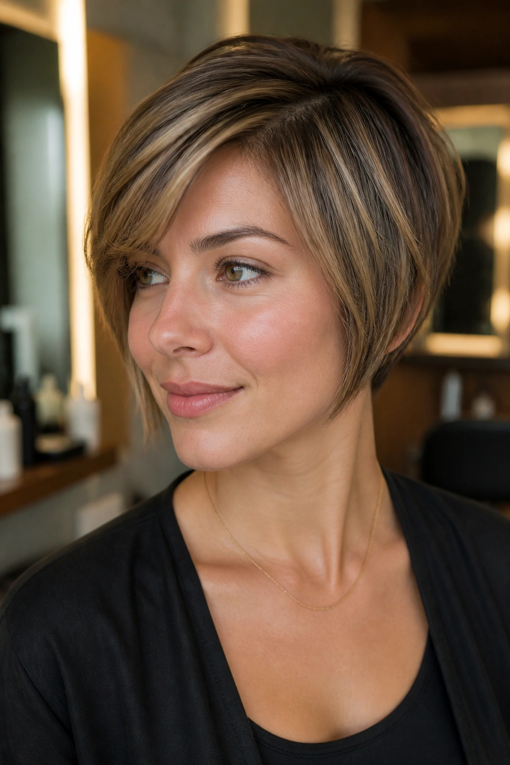 Portrait of a real woman with jaw-skimming pixie bob hybrid in a salon.