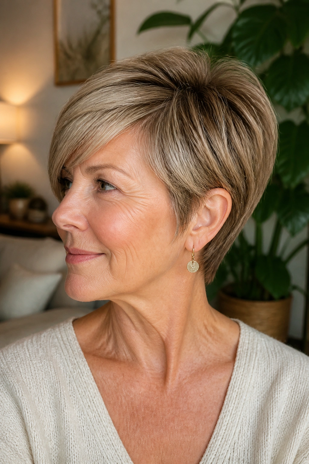 Close-up of a real woman with a pixie bob hybrid, top lift and soft texture.