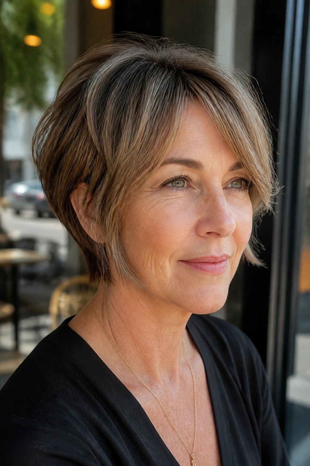 Close-up portrait of a real woman with a pixie bob hybrid around the ears