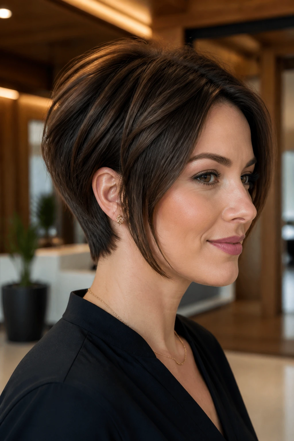 Close-up of a real woman with pixie bob hybrid and cropped nape