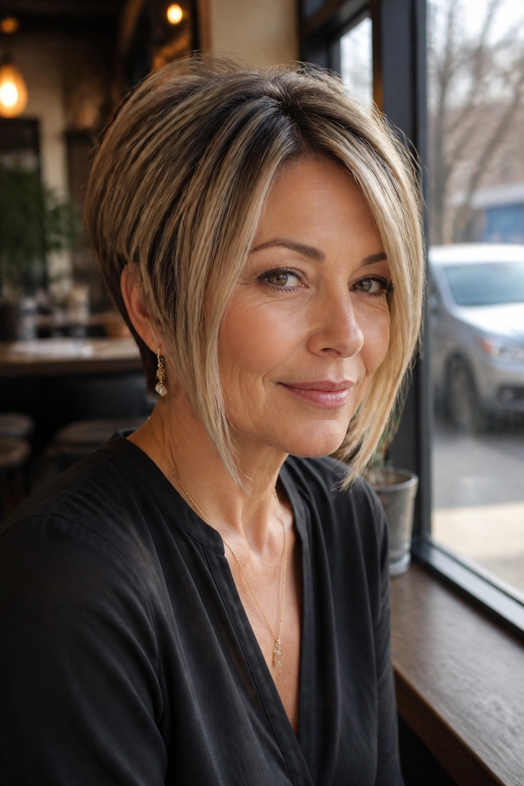 Close-up portrait of a real woman with pixie bob hybrid longer front pieces.