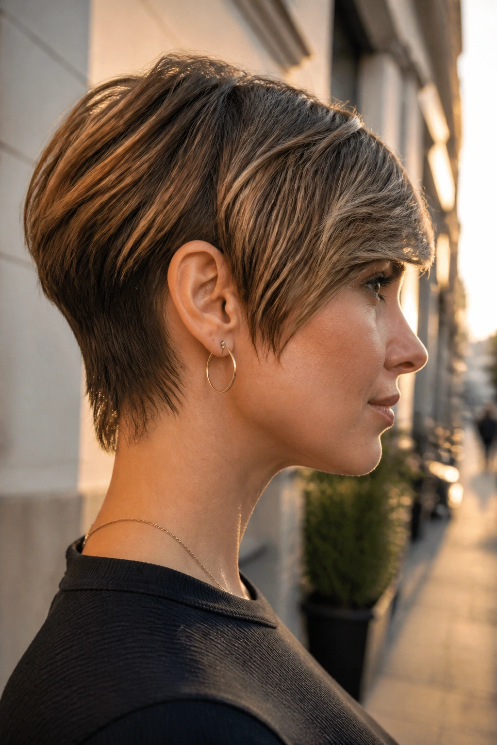 Close-up of a real woman with longer-nape pixie-bob hybrid hairstyle