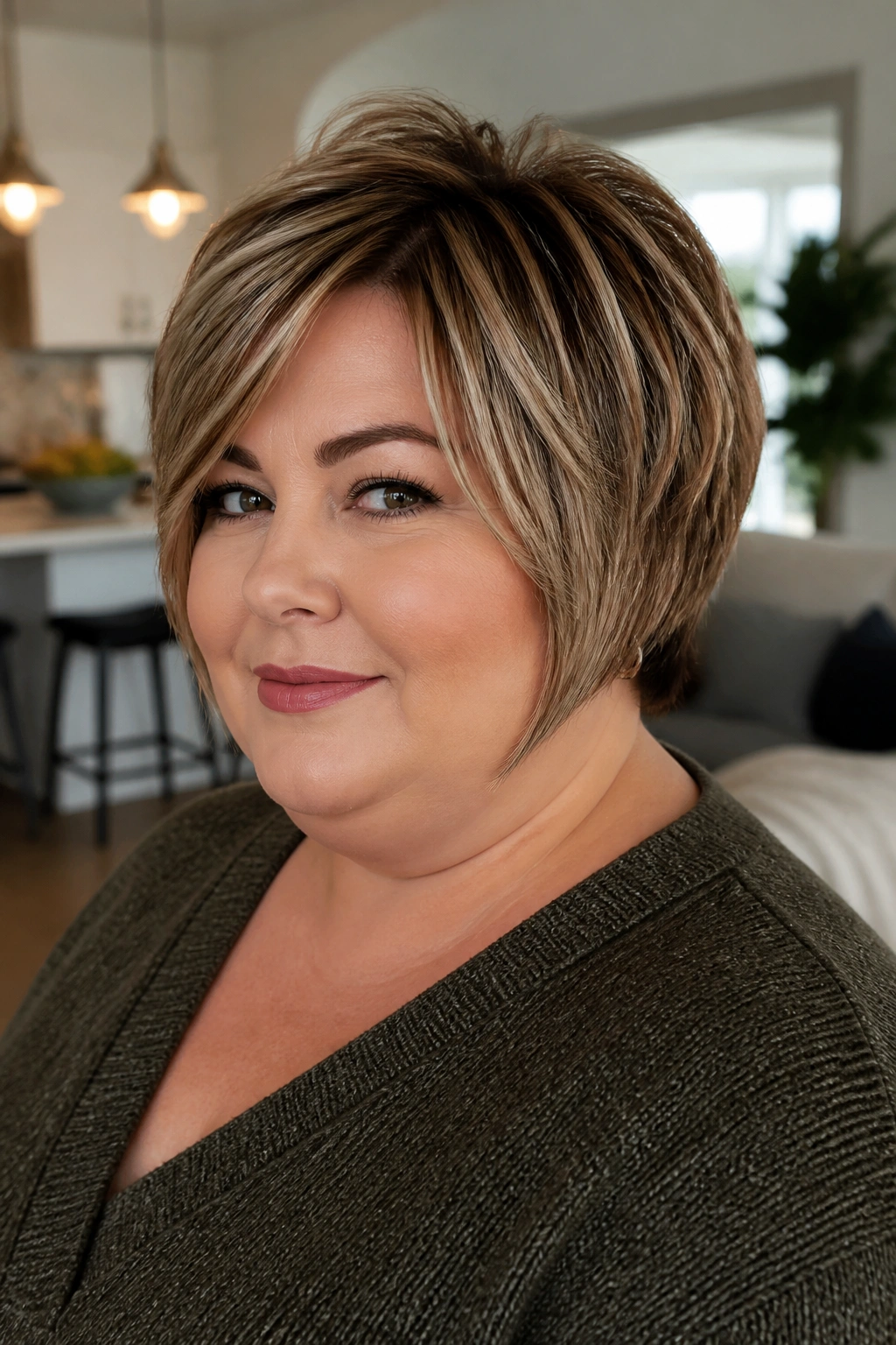 Close-up portrait of a real woman with a pixie bob hybrid hairstyle.