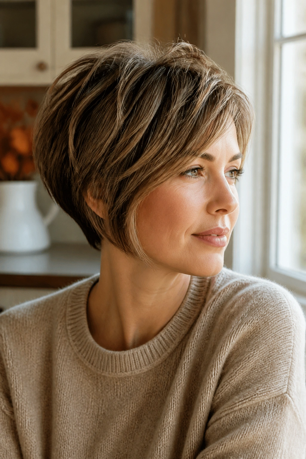 Close-up portrait of a real woman with a pixie-bob hybrid haircut.