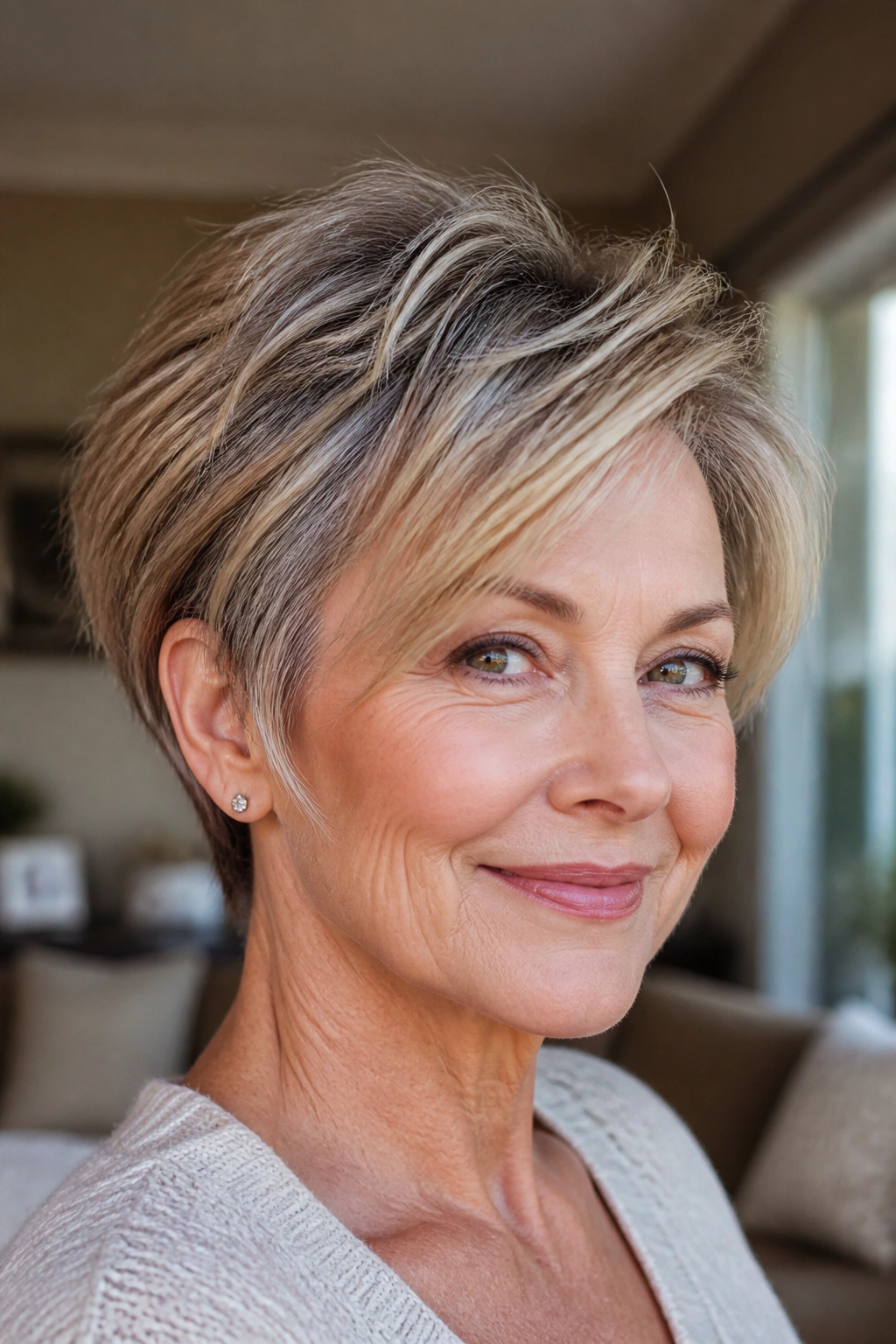 Close-up portrait of a real woman with a pixie bob hybrid haircut.