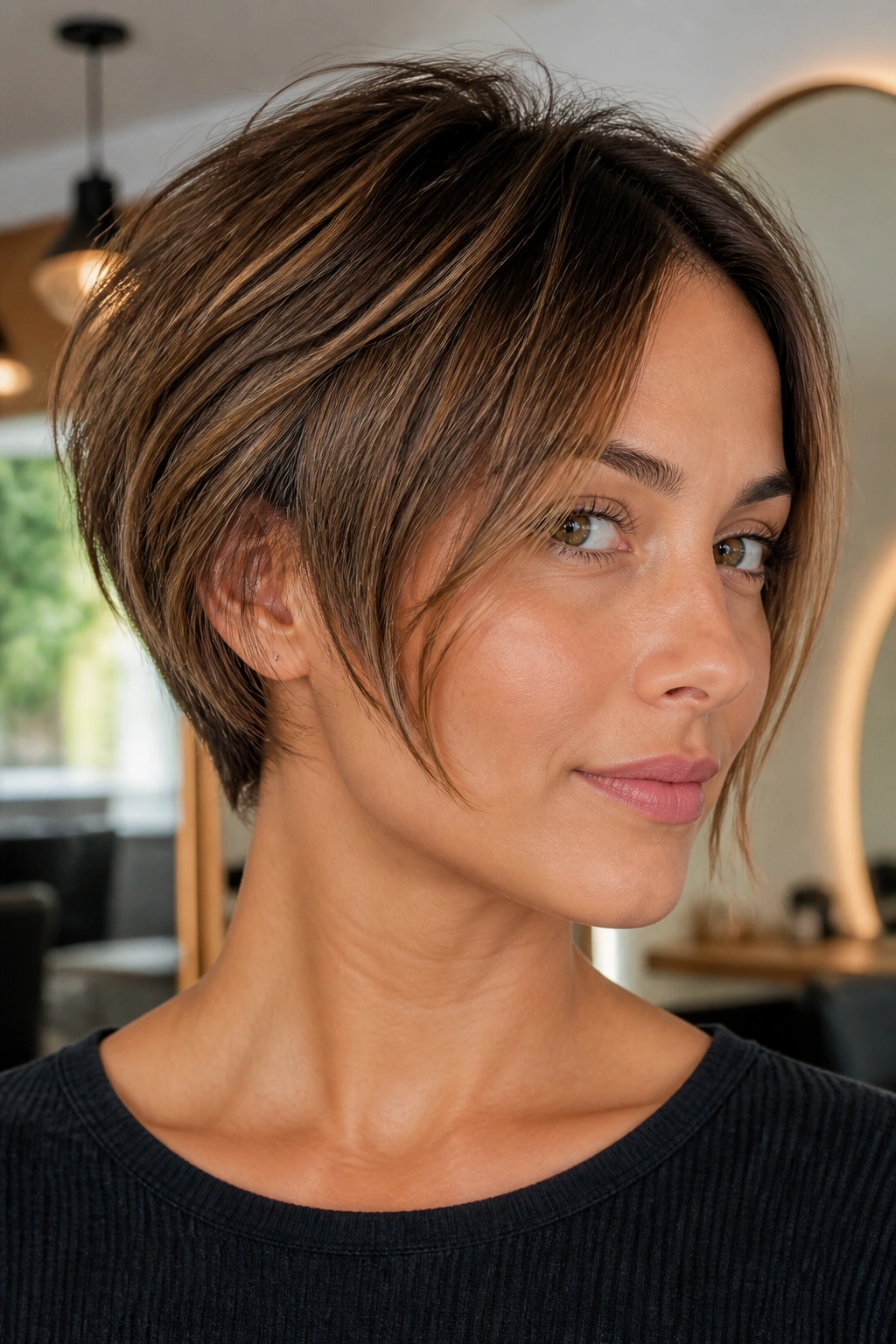 Close-up portrait of a real woman with a pixie bob hybrid