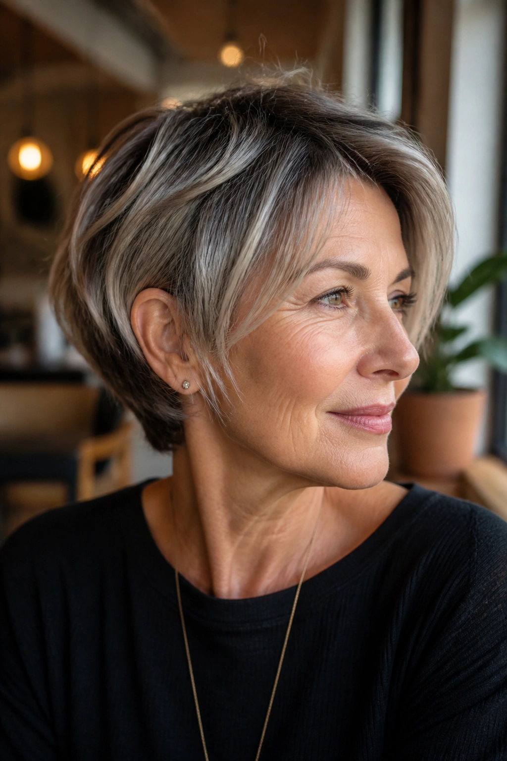 Close-up of a real woman with a pixie-bob hybrid hairstyle, gray hair
