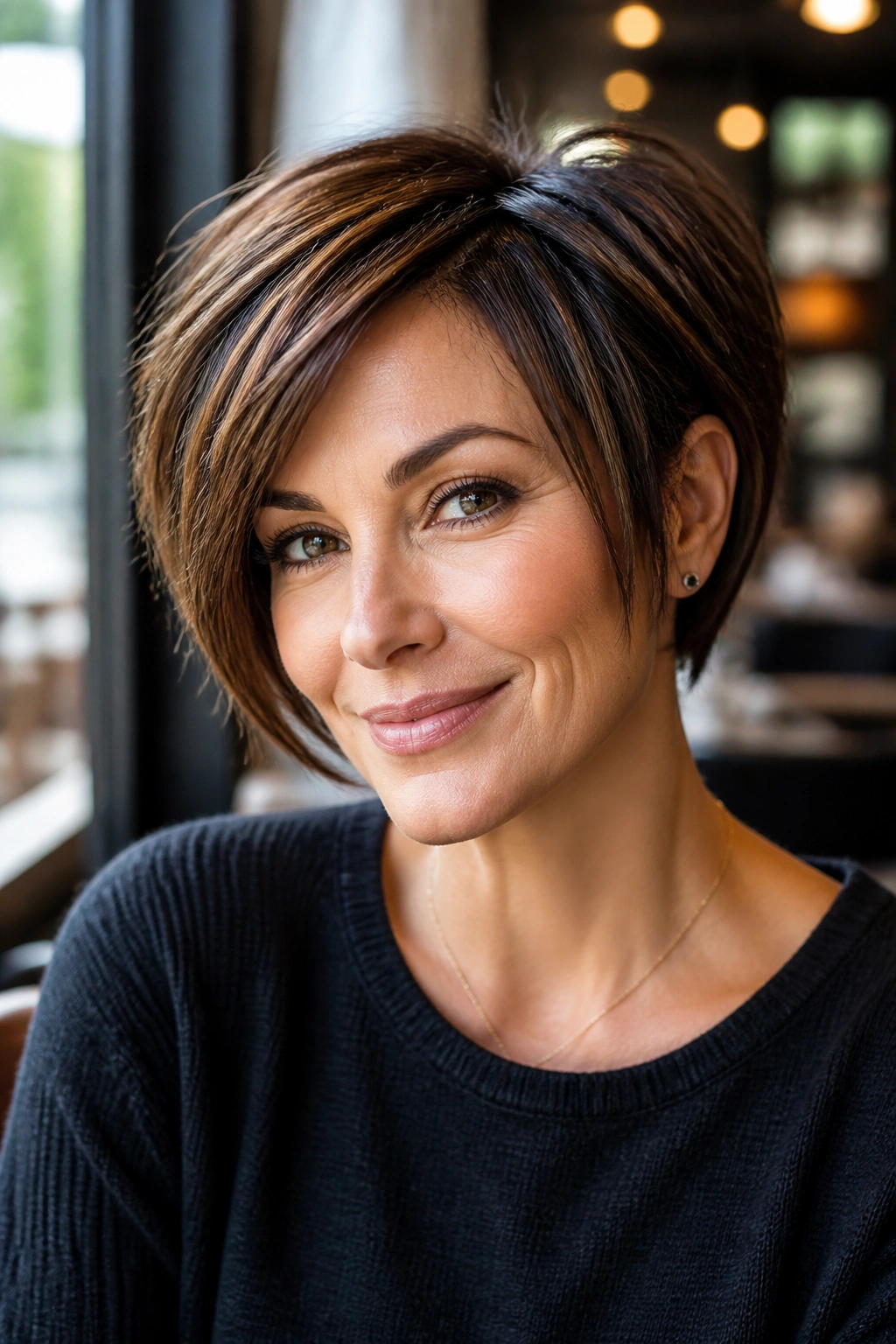 Portrait of a real woman with pixie bob hybrid haircut at cafe window.