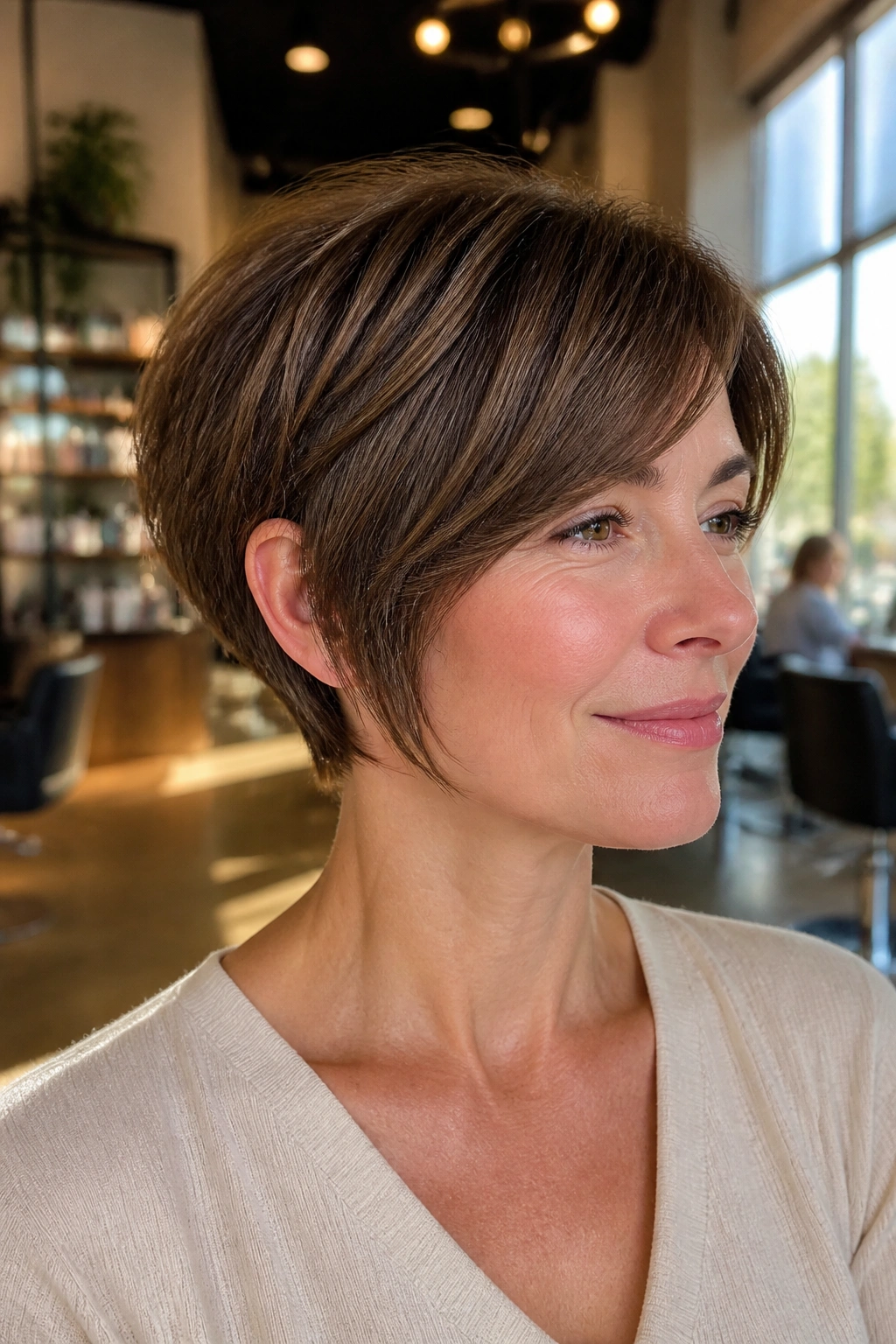 Portrait of a real woman with pixie bob hybrid and soft length, chin-length front