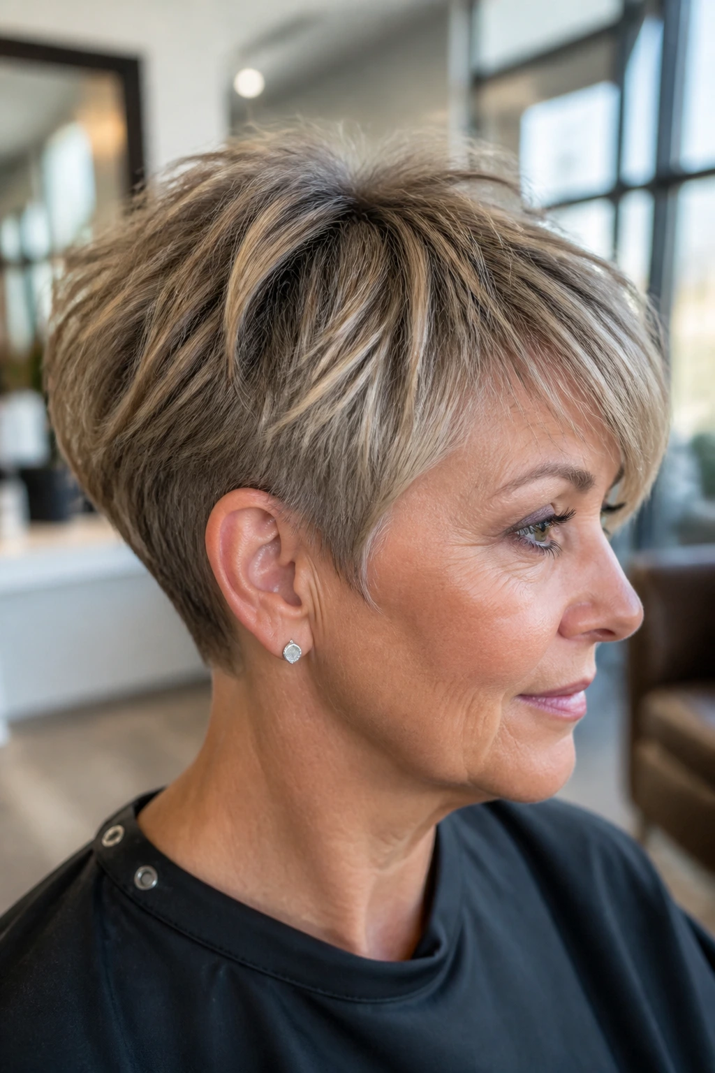 Portrait of a woman with a pixie-bob hybrid stack haircut in a bright salon