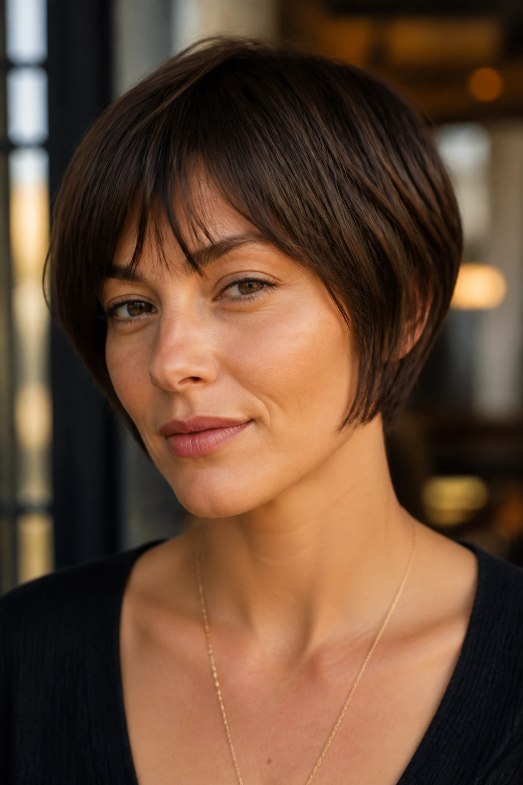 Close-up portrait of a real person with jaw-skimming pixie bob