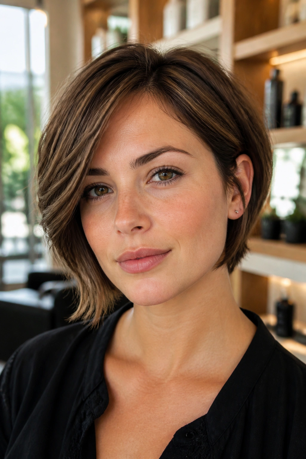 Close-up of a real woman with a pixie bob and jaw-skimming ends in warm salon light