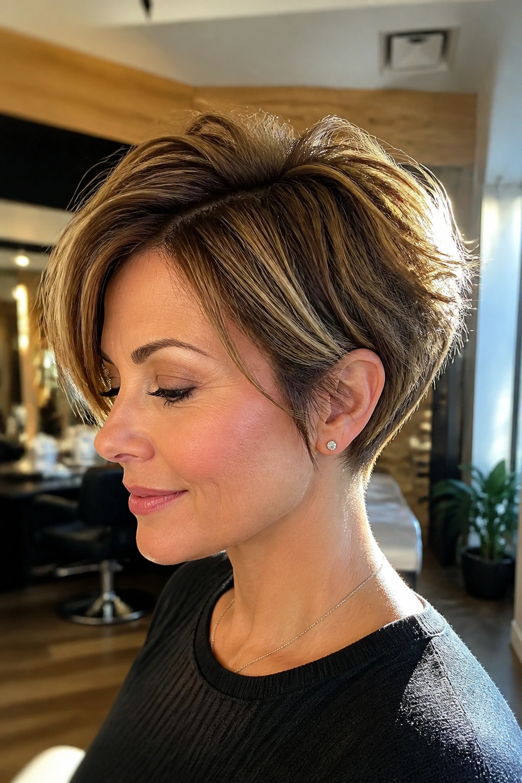 Portrait of a real person with a layered pixie bob and longer top.