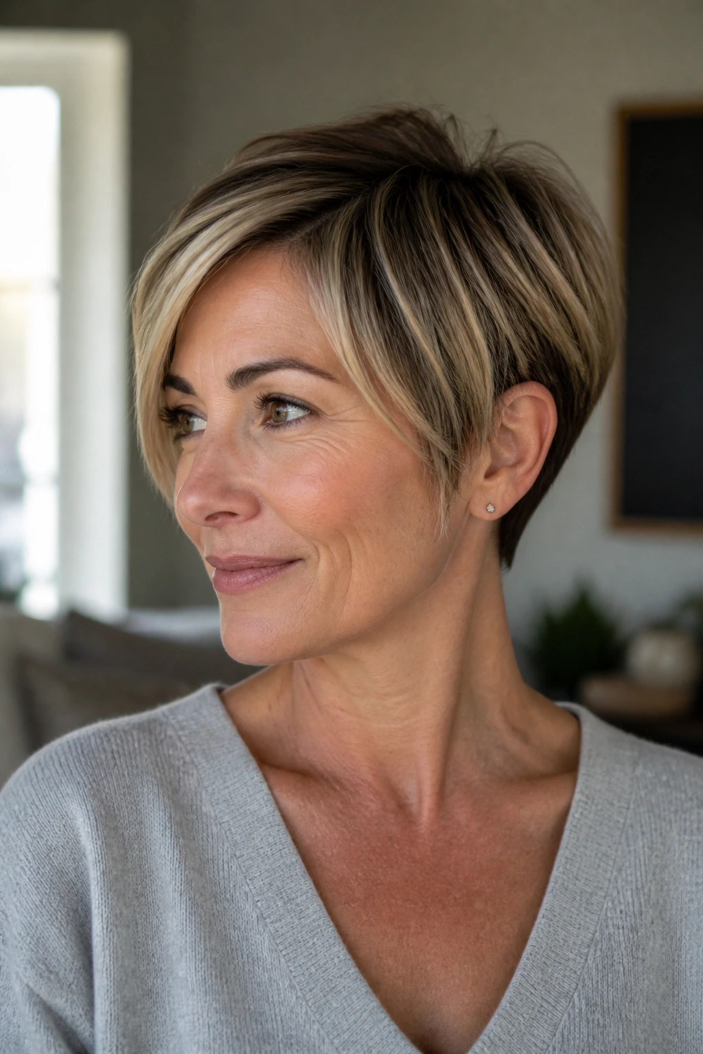 Close-up of a real person with grown-out low-maintenance pixie bob in a home interior