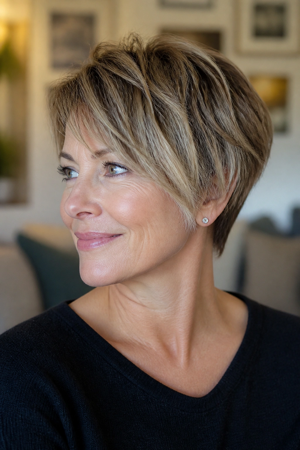Close-up portrait of a real woman with a grown-out pixie-bob haircut
