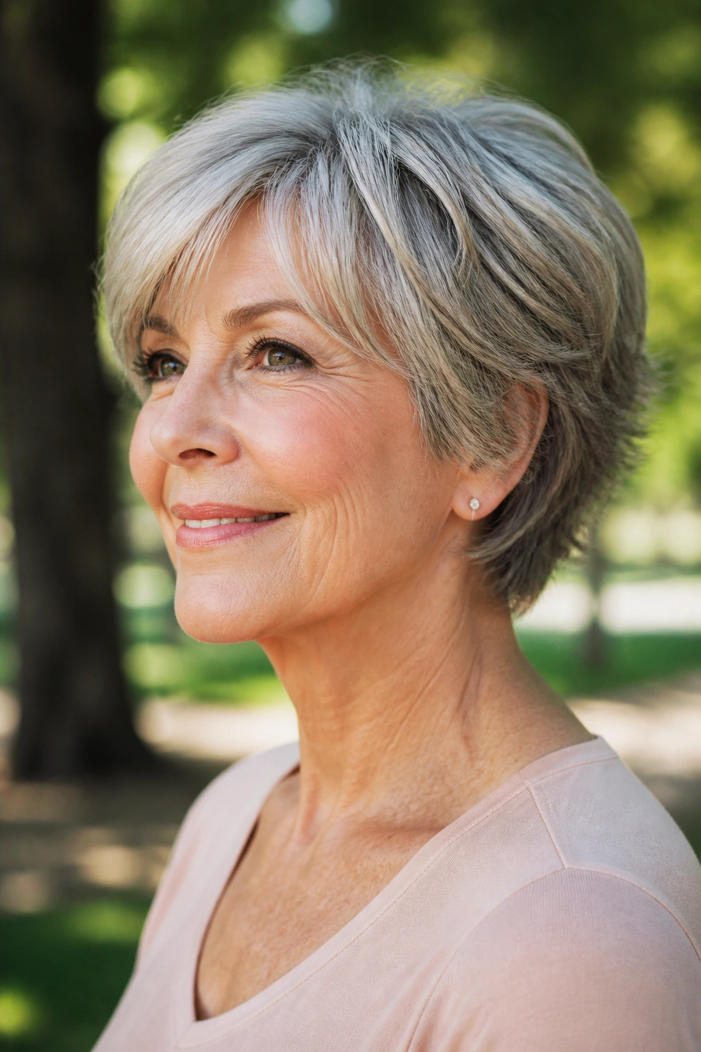 Close-up portrait of a real woman with grown-out pixie bob and neckline softness.