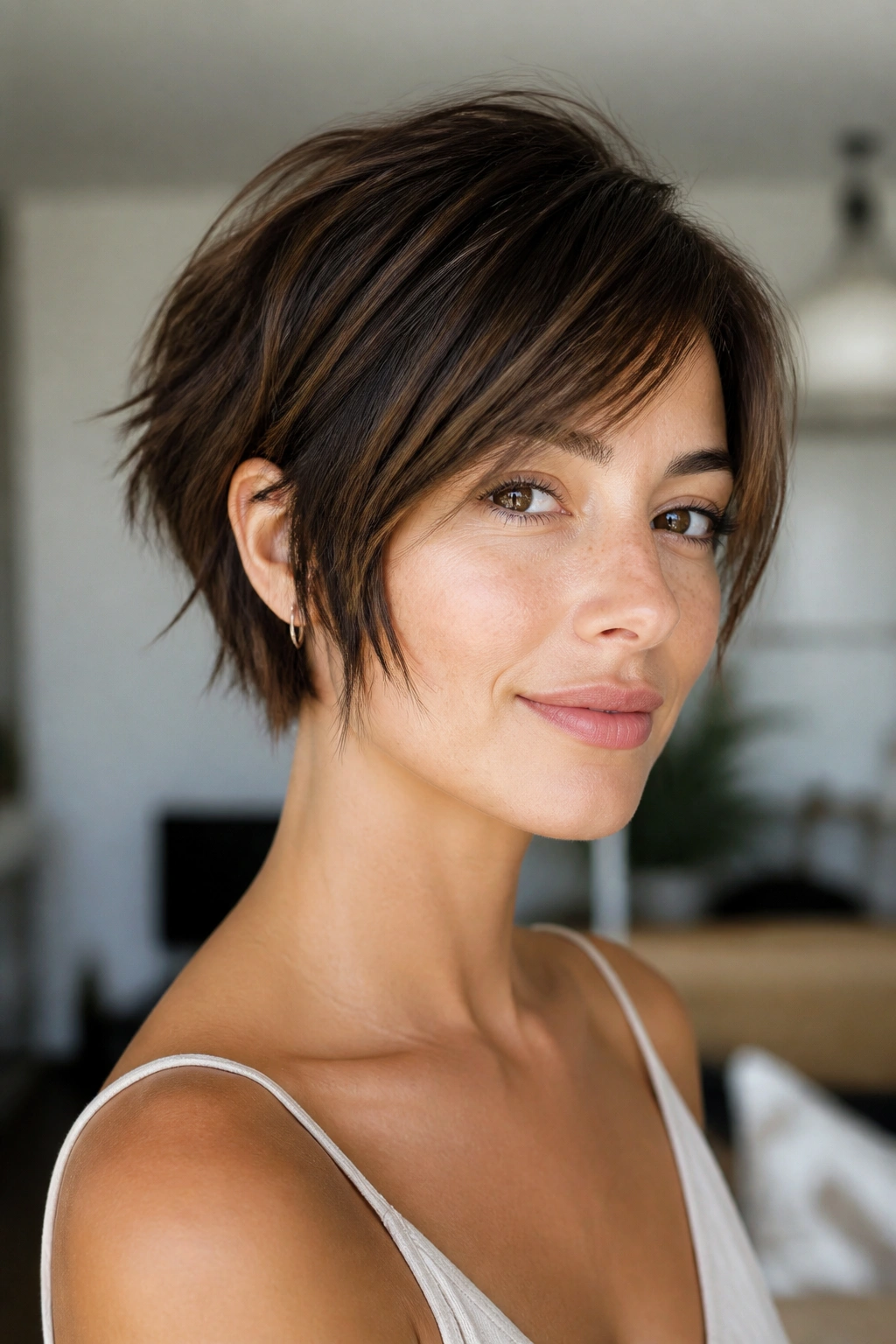 Real woman with pixie bob and piecey ends in a bright, modern interior