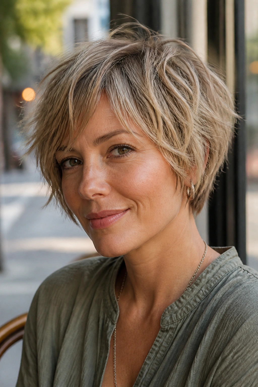 Portrait of a real woman with a Choppy Pixie Bob and razored ends showing texture and movement.