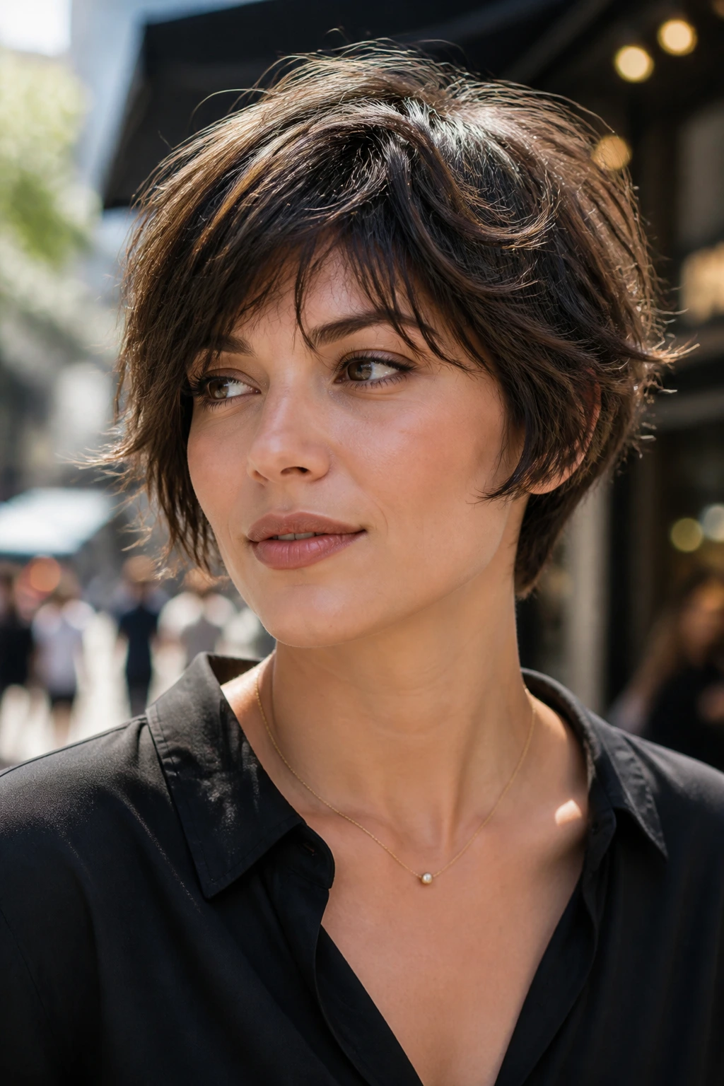 Close-up of a real person with shaggy pixie bob and tousled layers
