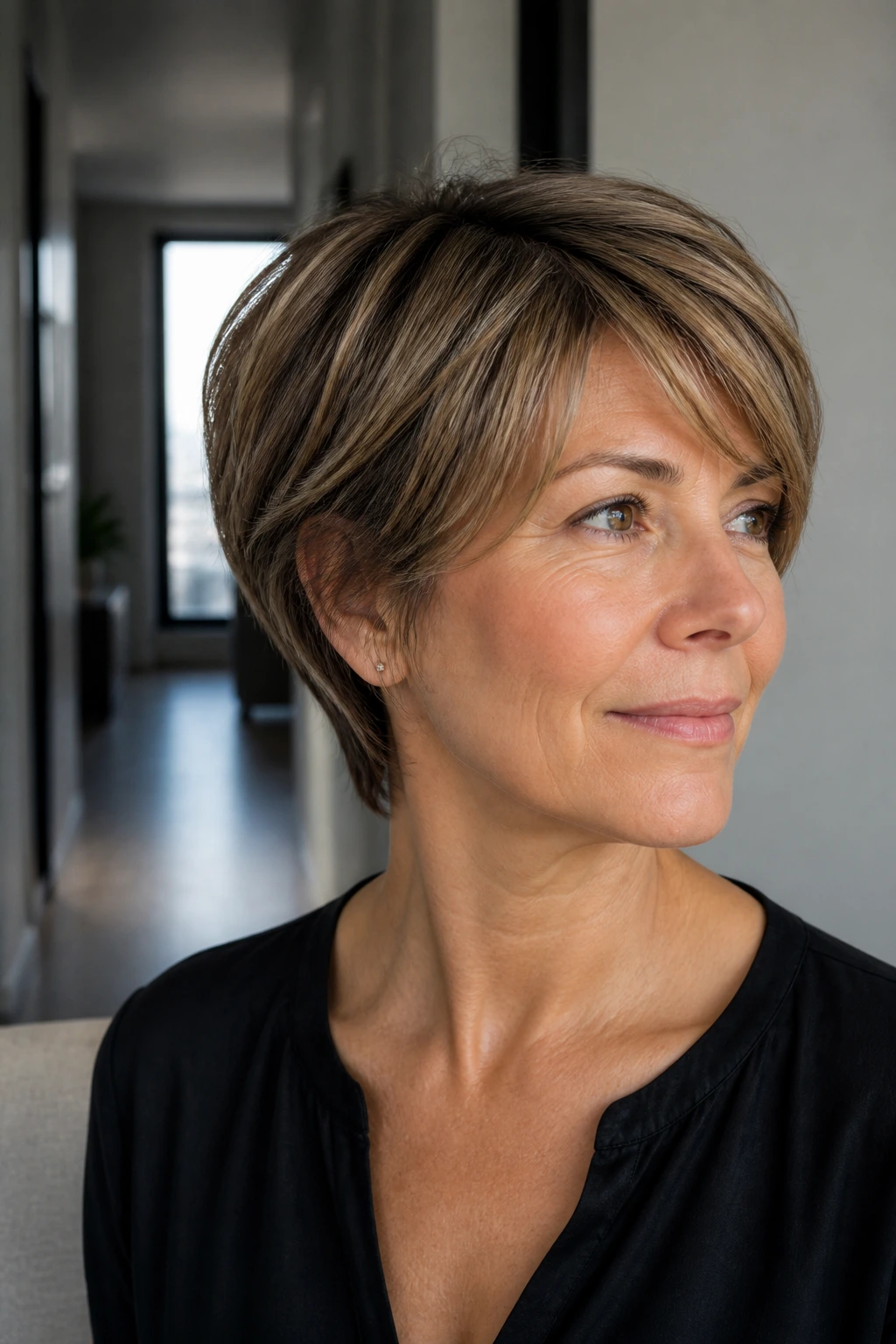 Close-up of a real woman with a pixie bob featuring short back and longer top.
