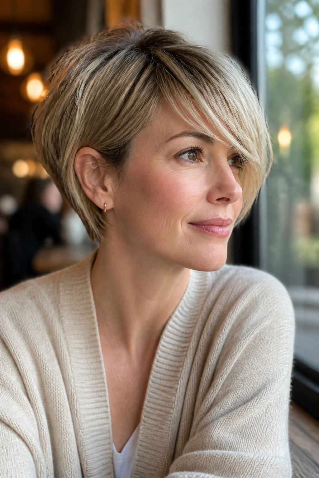 Close-up portrait of a real woman with side-swept fringe pixie bob.