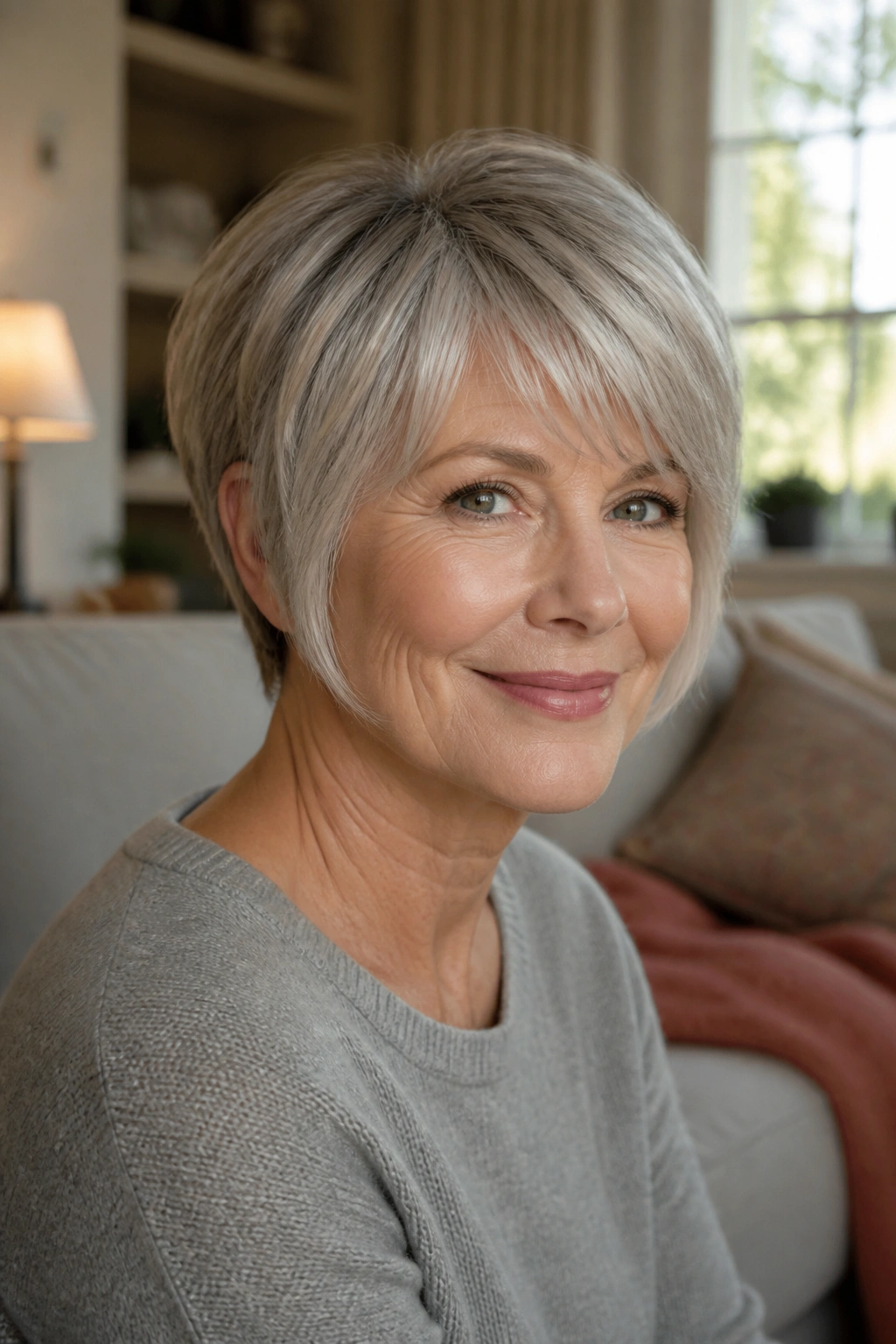 Real woman with pixie bob soft edge showing gentle, blended perimeter.