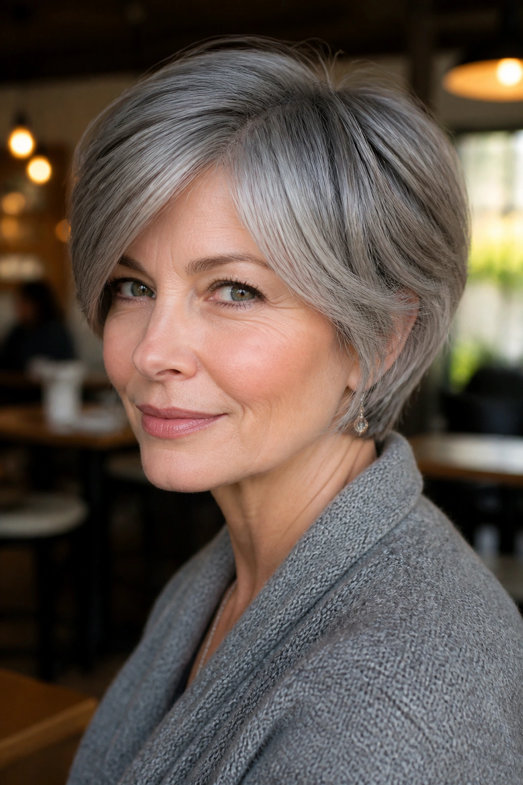 Portrait of a woman with a pixie-bob hybrid hairstyle with soft layers