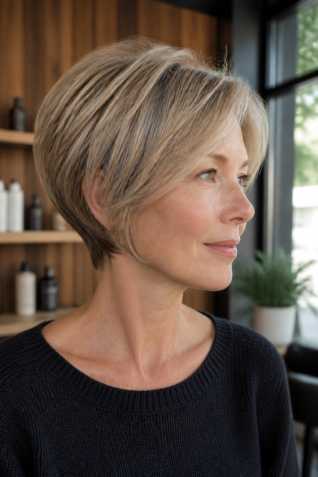 Close-up portrait of a real woman with a classic stacked pixie bob for fine hair, highlighting the rounded silhouette at the nape.