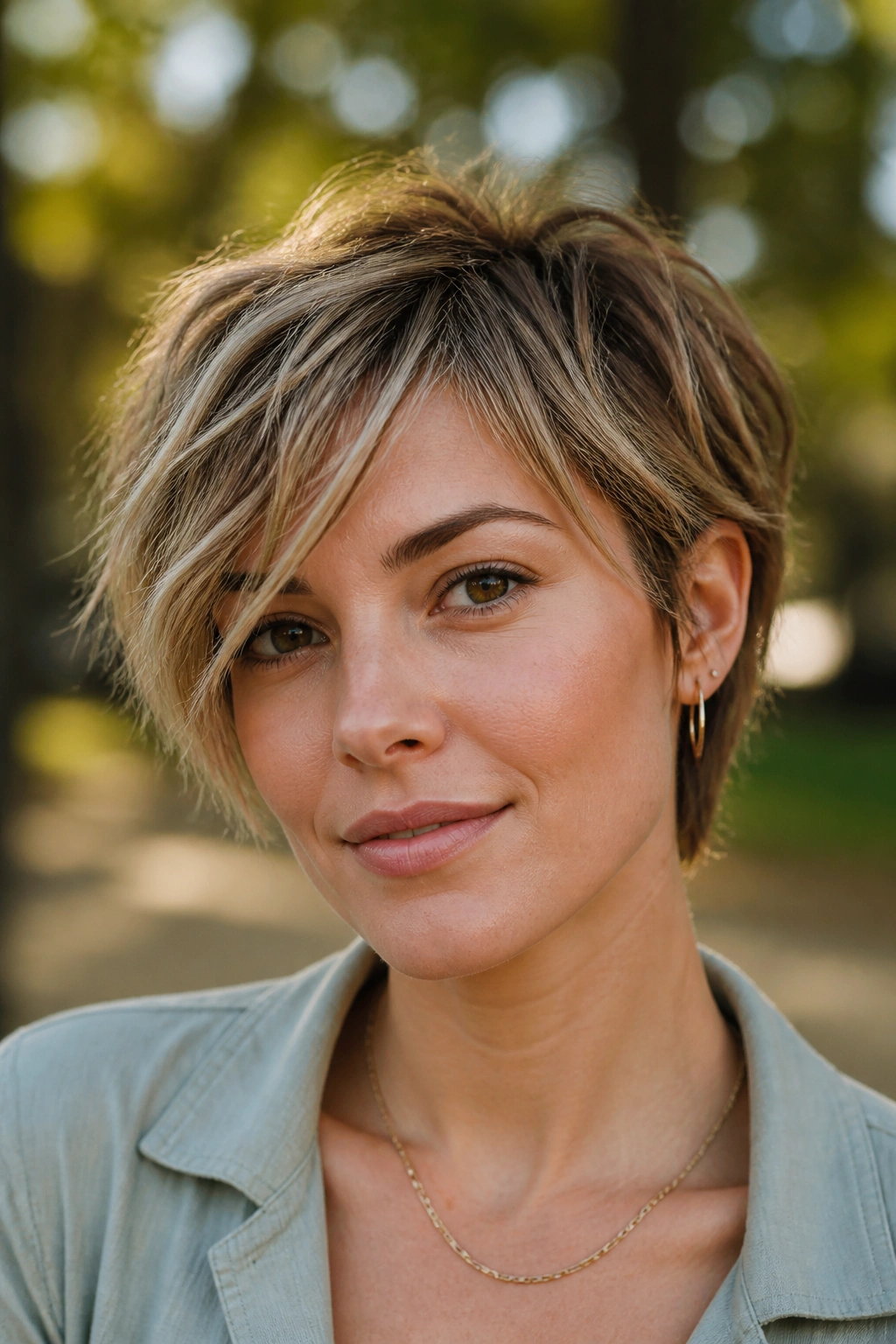 Choppy textured pixie bob on real woman with uneven ends and side fringe
