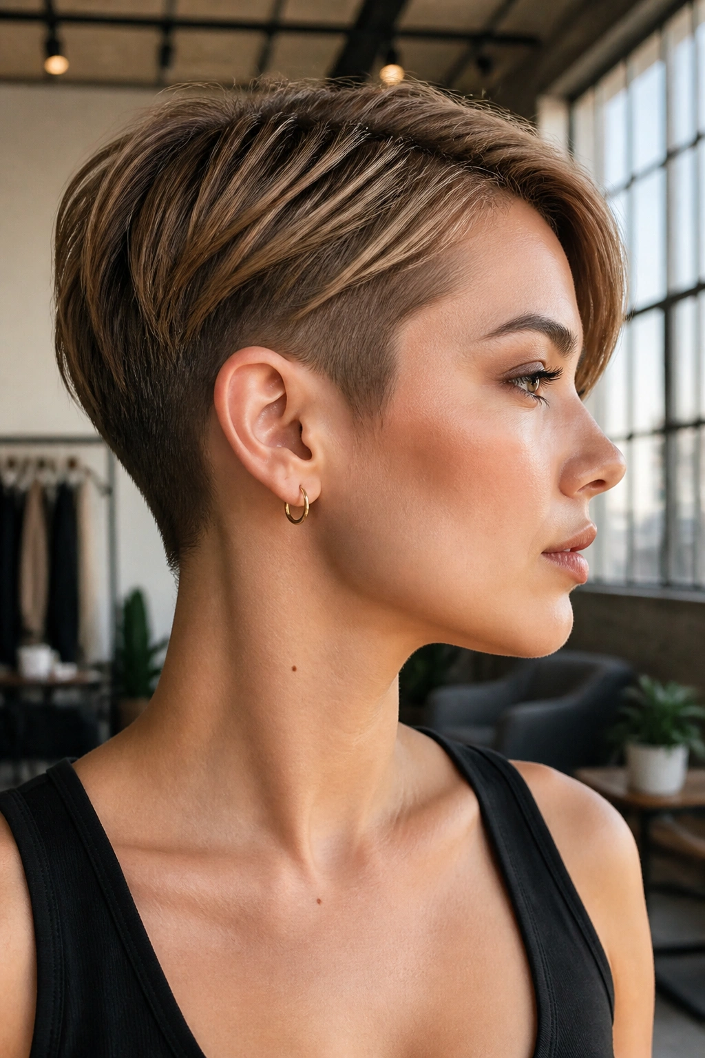 Portrait of a real woman with a pixie bob undercut showing short nape and longer crown.