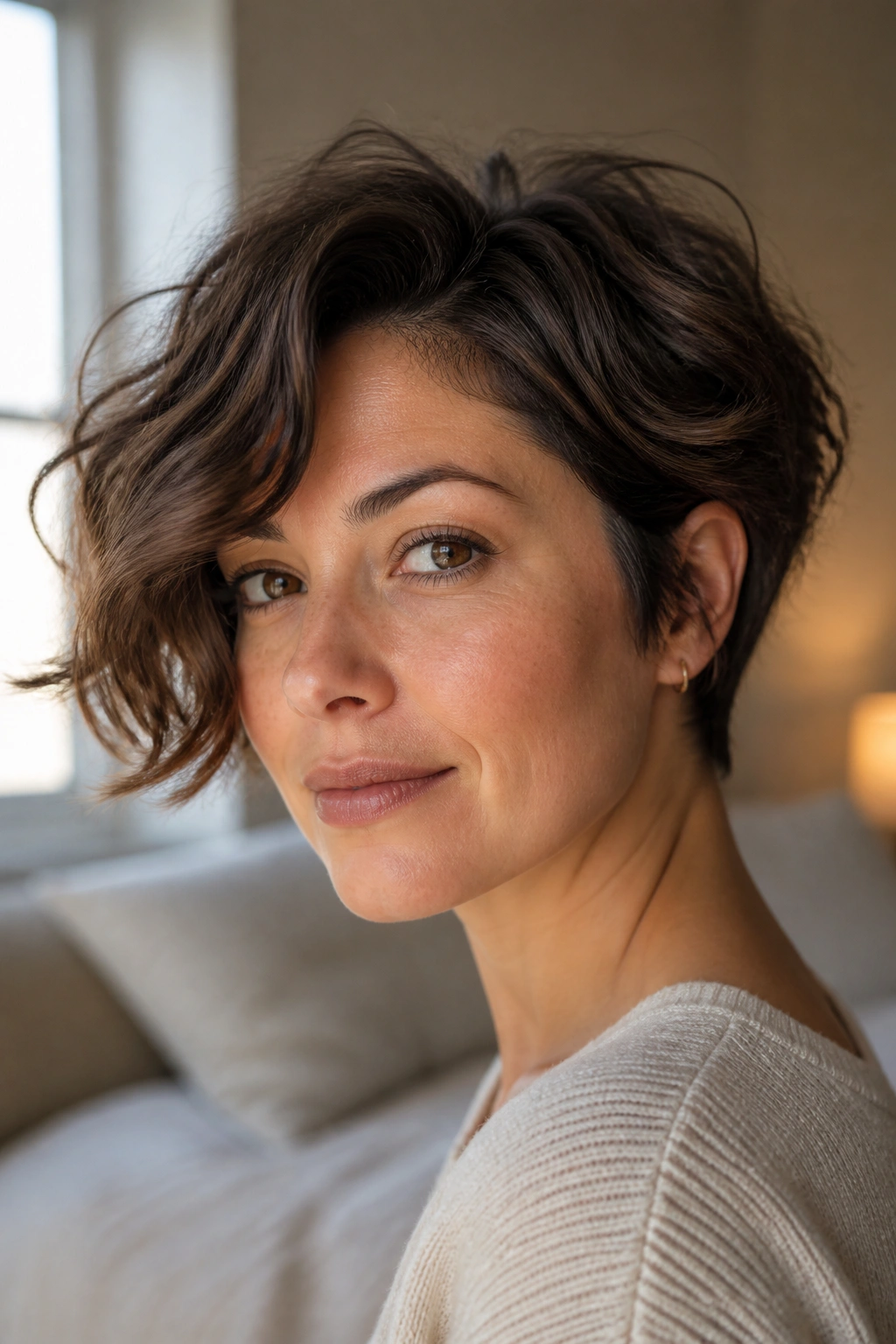 Close-up portrait of a real woman with a grown-out pixie bob and loose waves