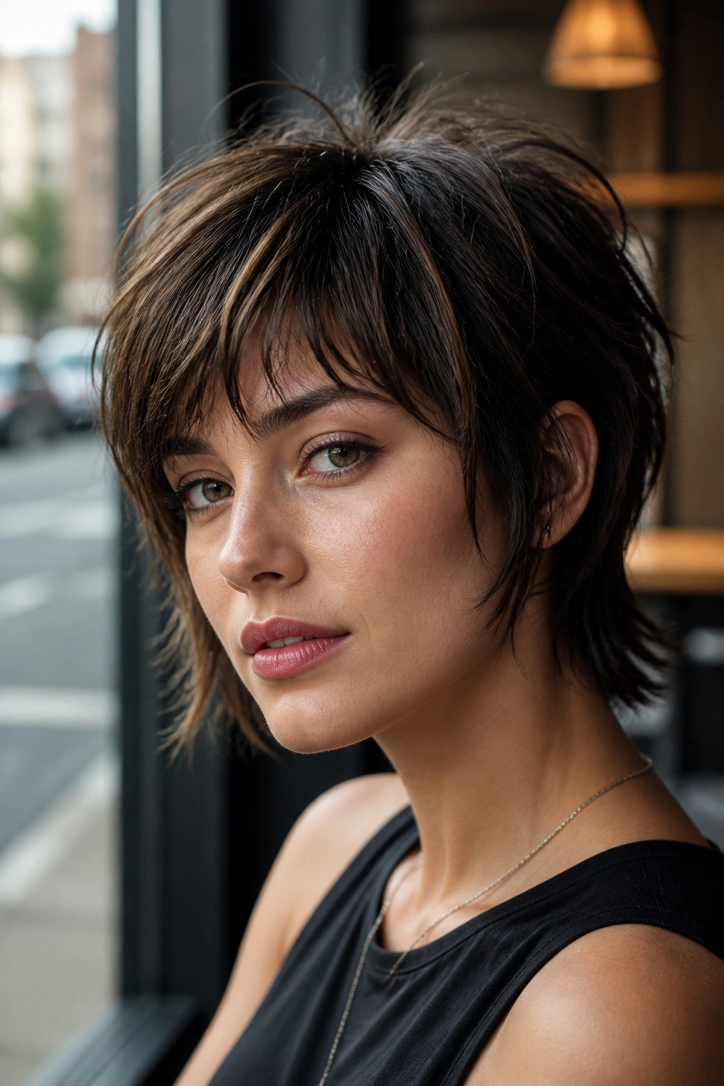 Portrait of real woman with edgy pixie-bob wolf cut in natural cafe light