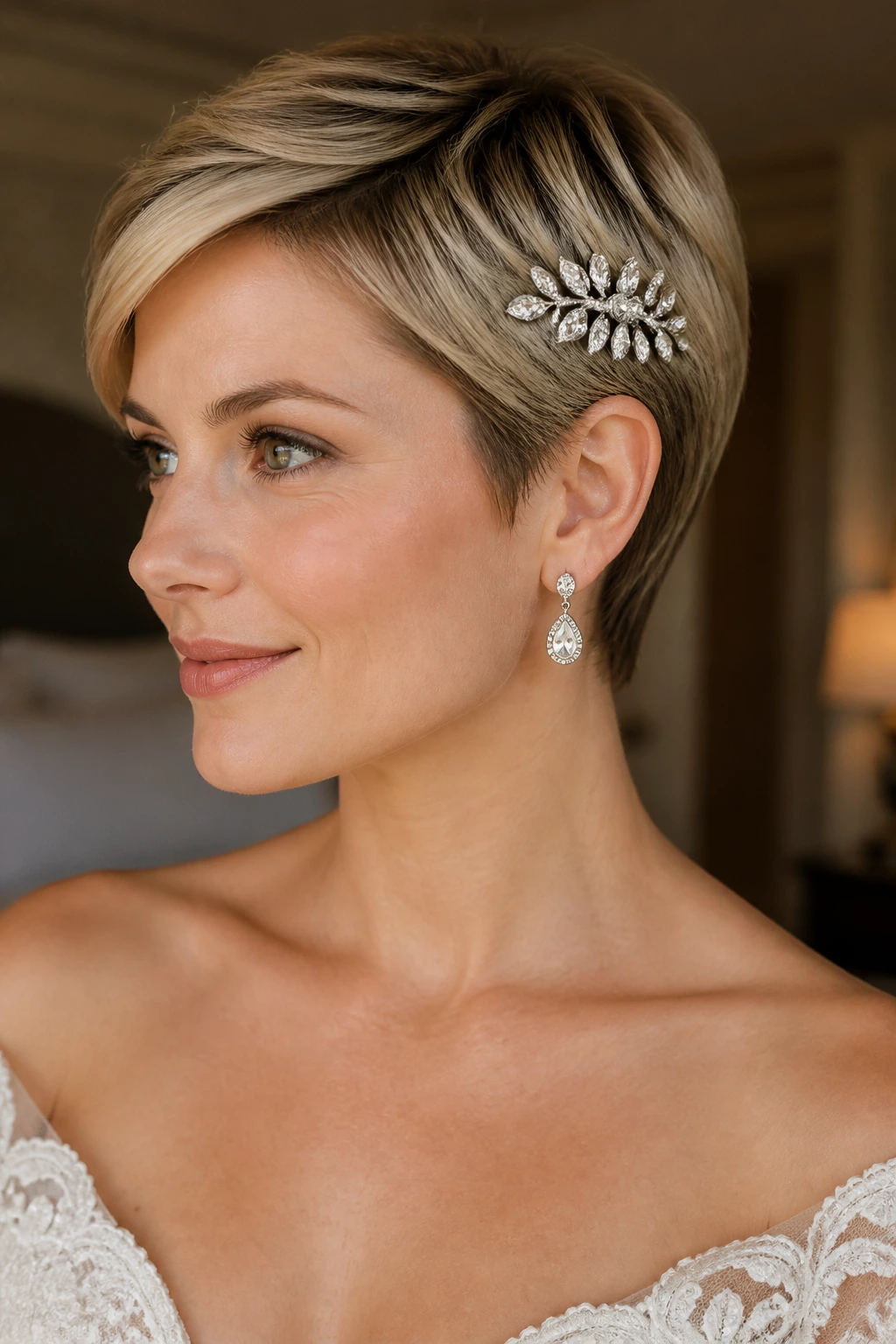 Bride with soft pixie and sparkly hairpiece