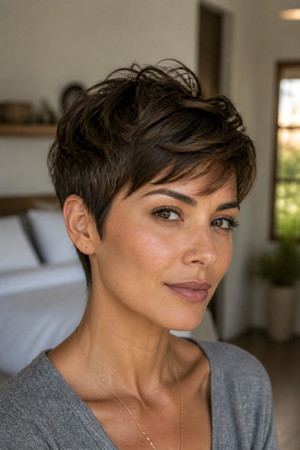 Close-up portrait of brunette woman with tousled pixie hairstyle in soft window light