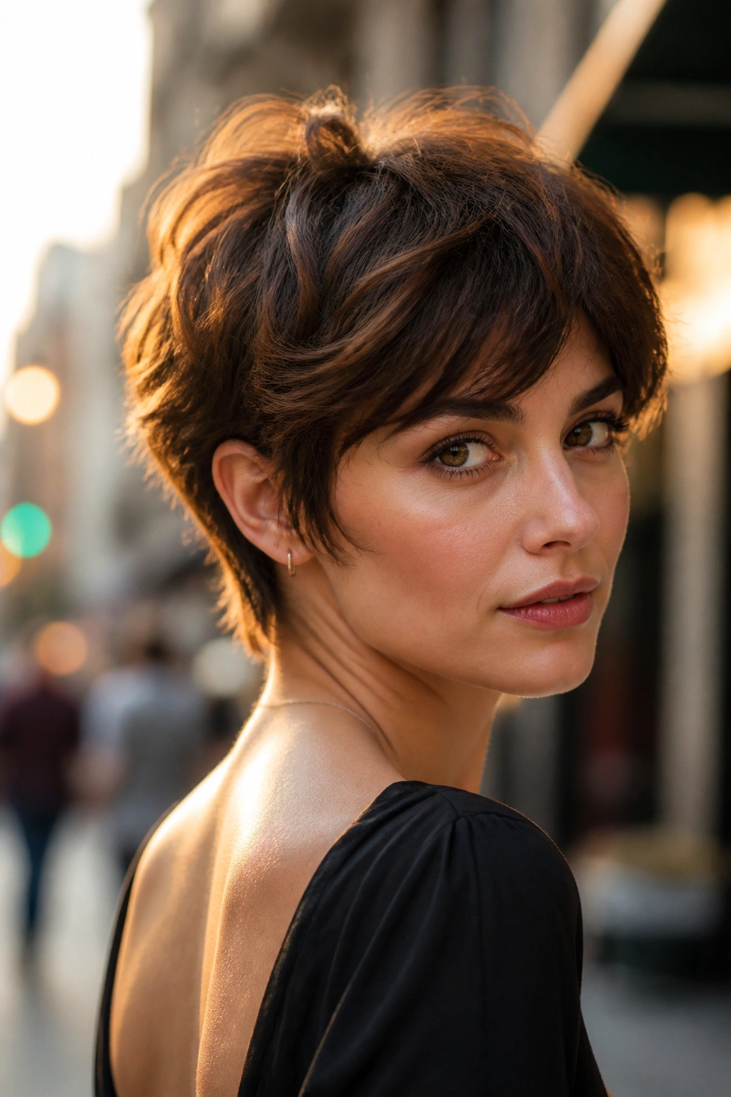 Close-up portrait of a real woman with chestnut shaggy pixie in warm urban light.