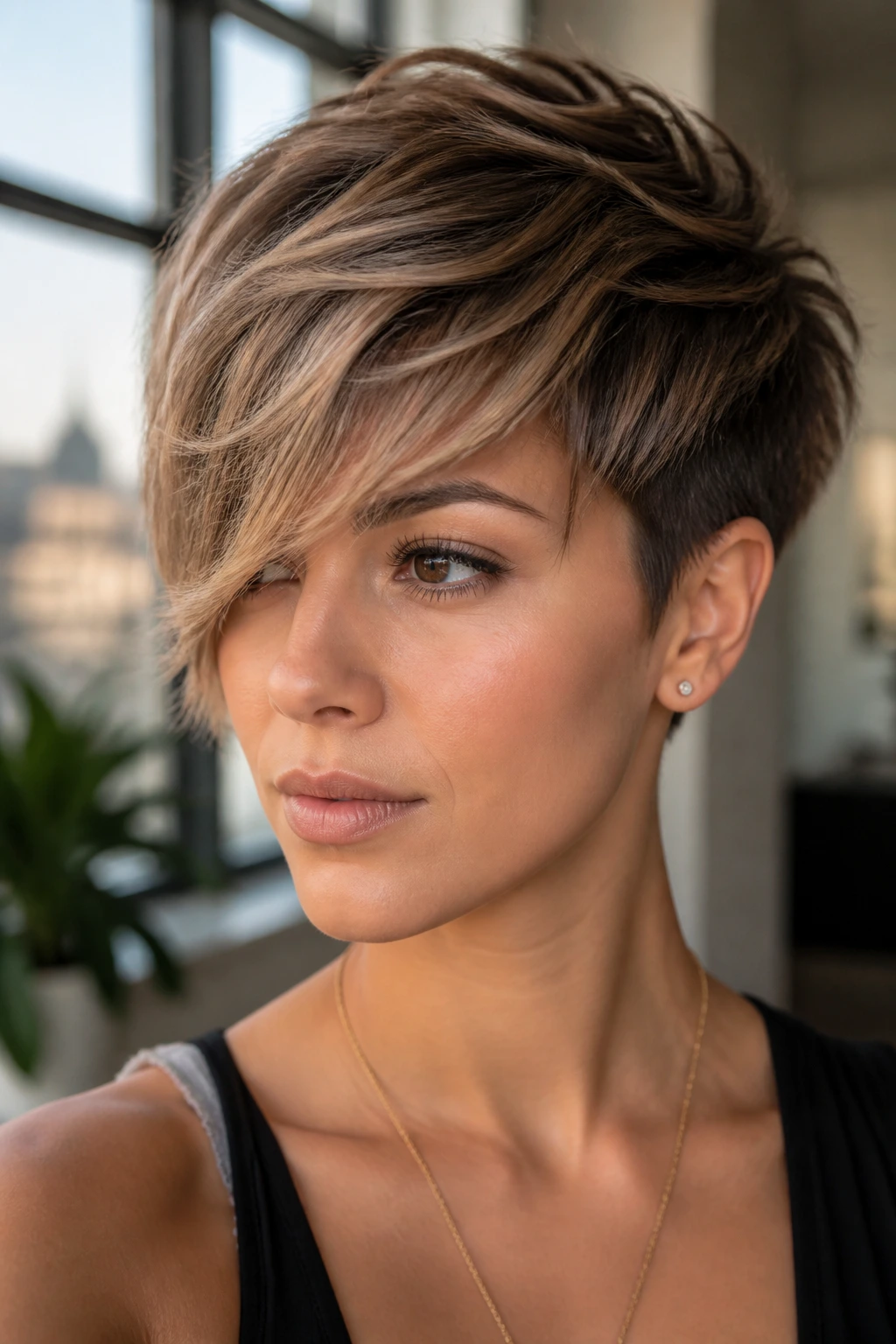 Close-up of a real person with a pixie crop and long fringe.