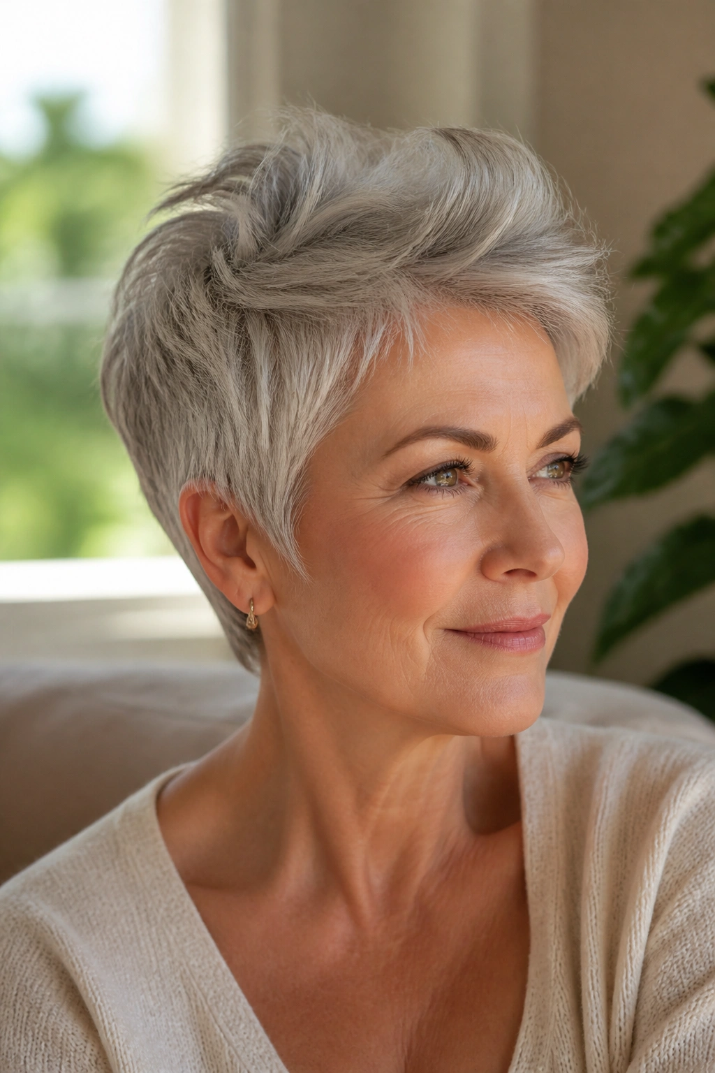 Close-up of a real woman with a soft pixie and longer crown under warm window light.
