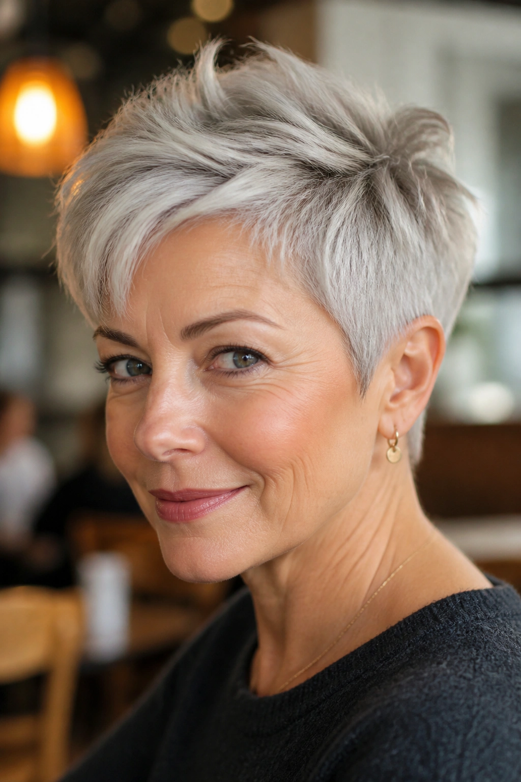 Close-up portrait of a woman with a soft pixie with longer crown in cafe light
