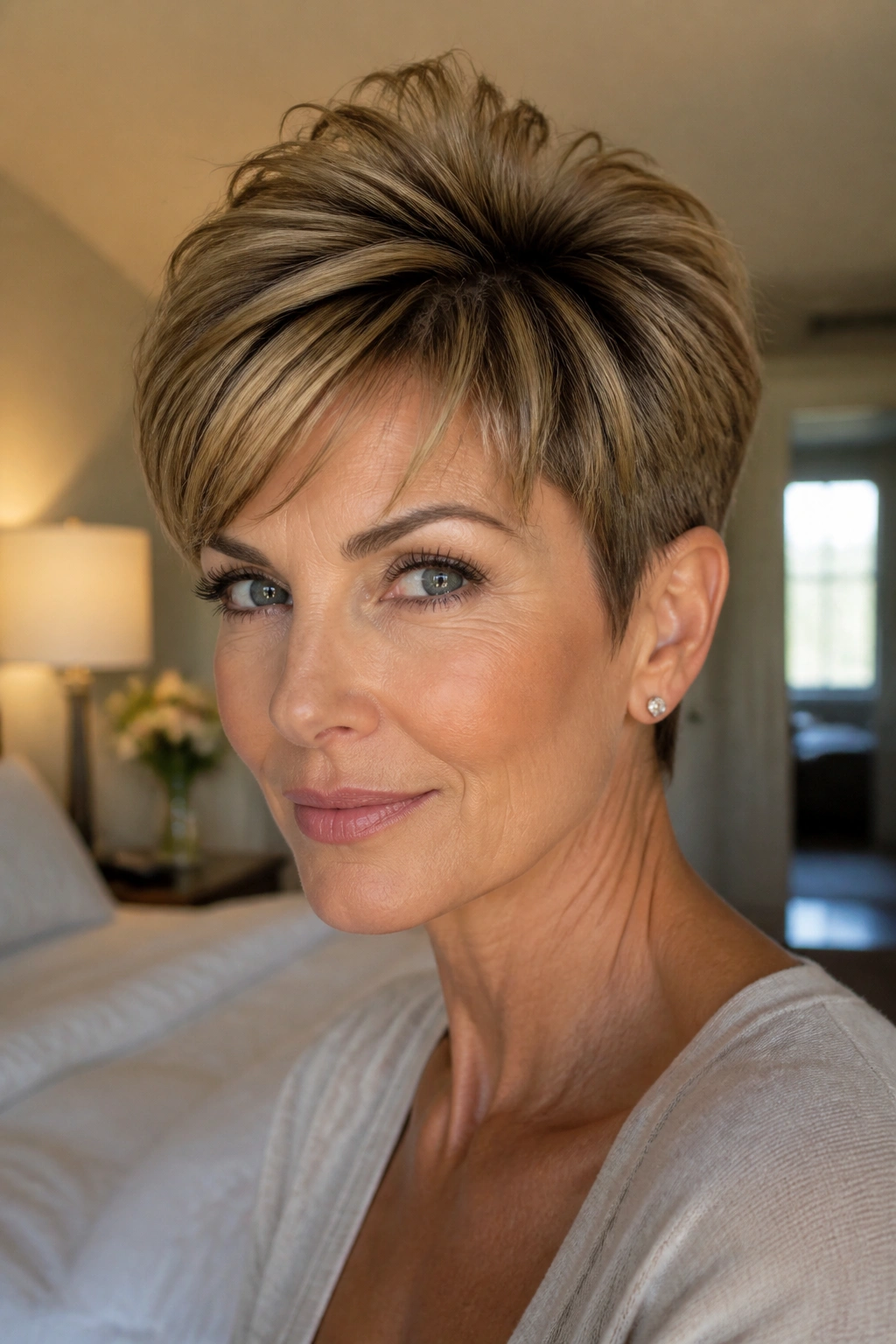 Close-up portrait of a real woman with pixie cut and crown height