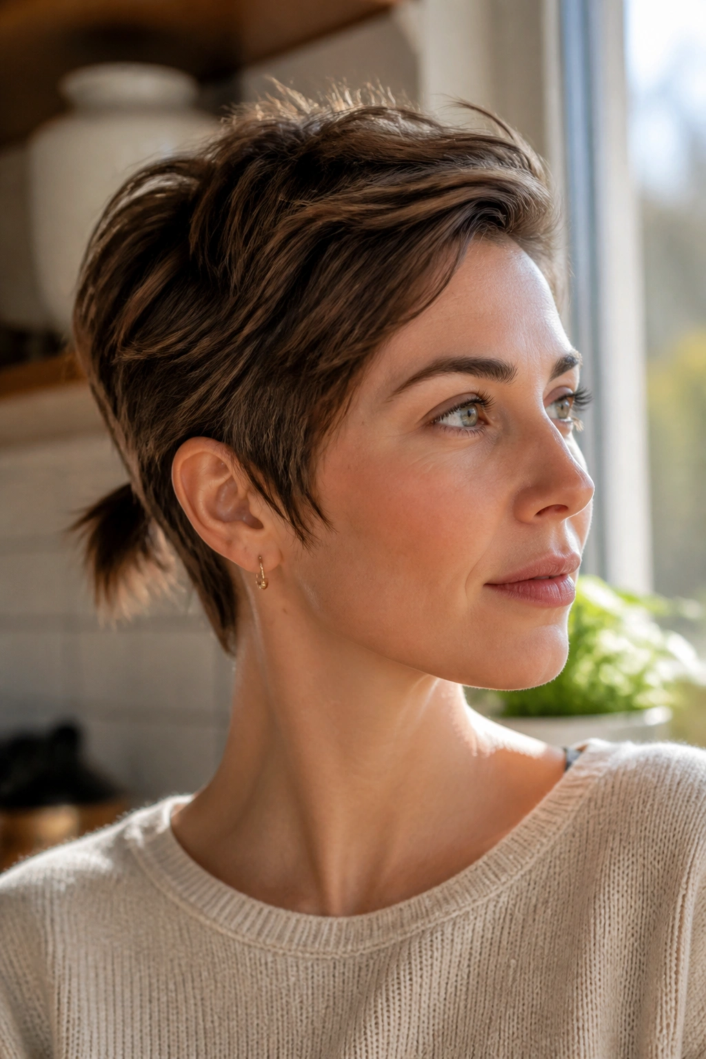 Close-up of grown-out pixie with crown length and a tiny pony at the back